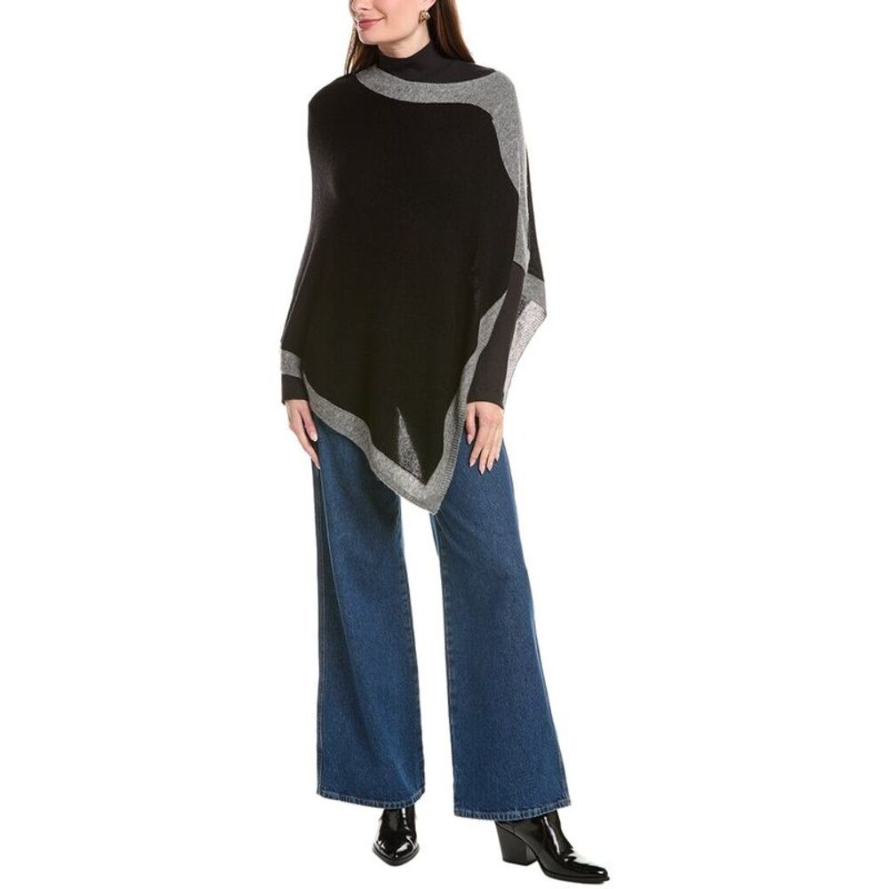 Forte Contrast Trim 100% Cashmere Poncho, Black